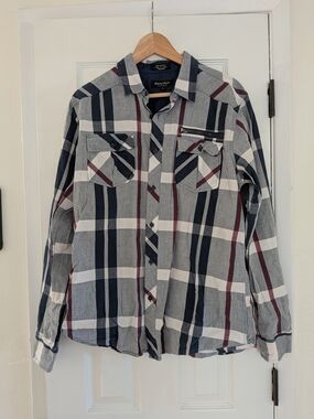 Eighty Eight Platinum Mens 100% Cotton Grey/Blue Plaid LS Button Up Shirt Size L